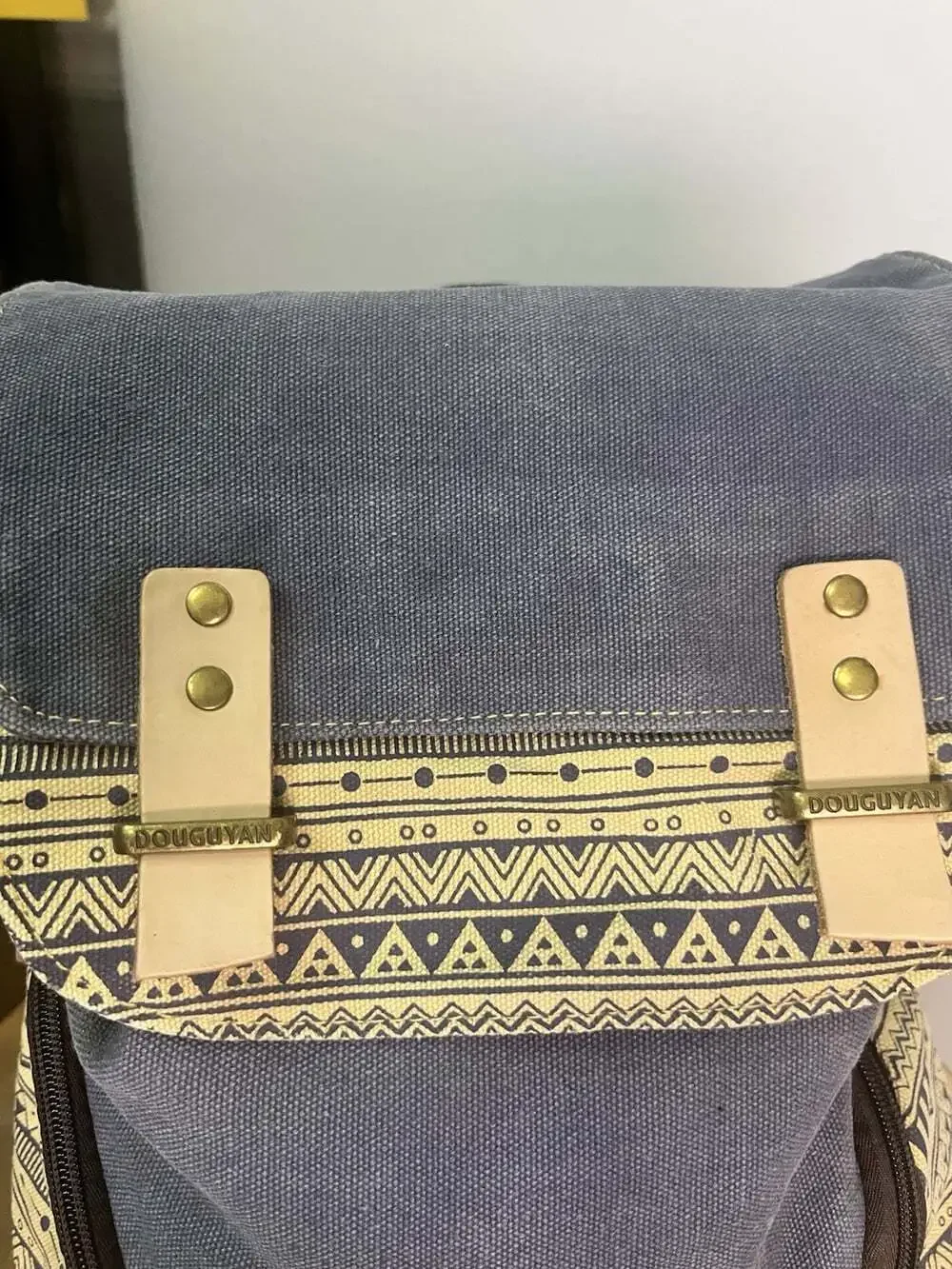 Douguyan Canvas Backpack Navy Boho Aztec Southwest Pockets Tribal Brass Flap